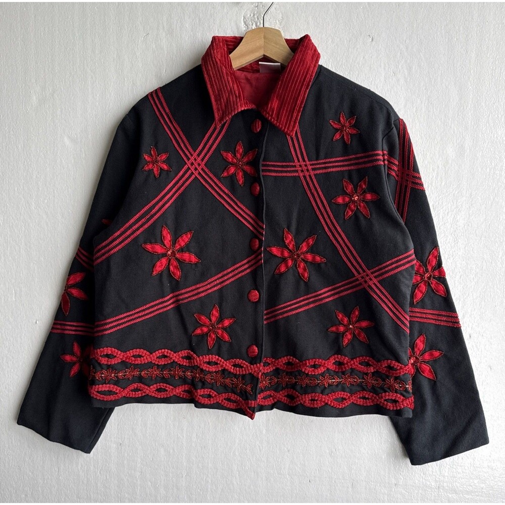NWT VTG Bleu Bayou Twill Beaded Embroidered Jacket Corduroy Collar Black/Red L